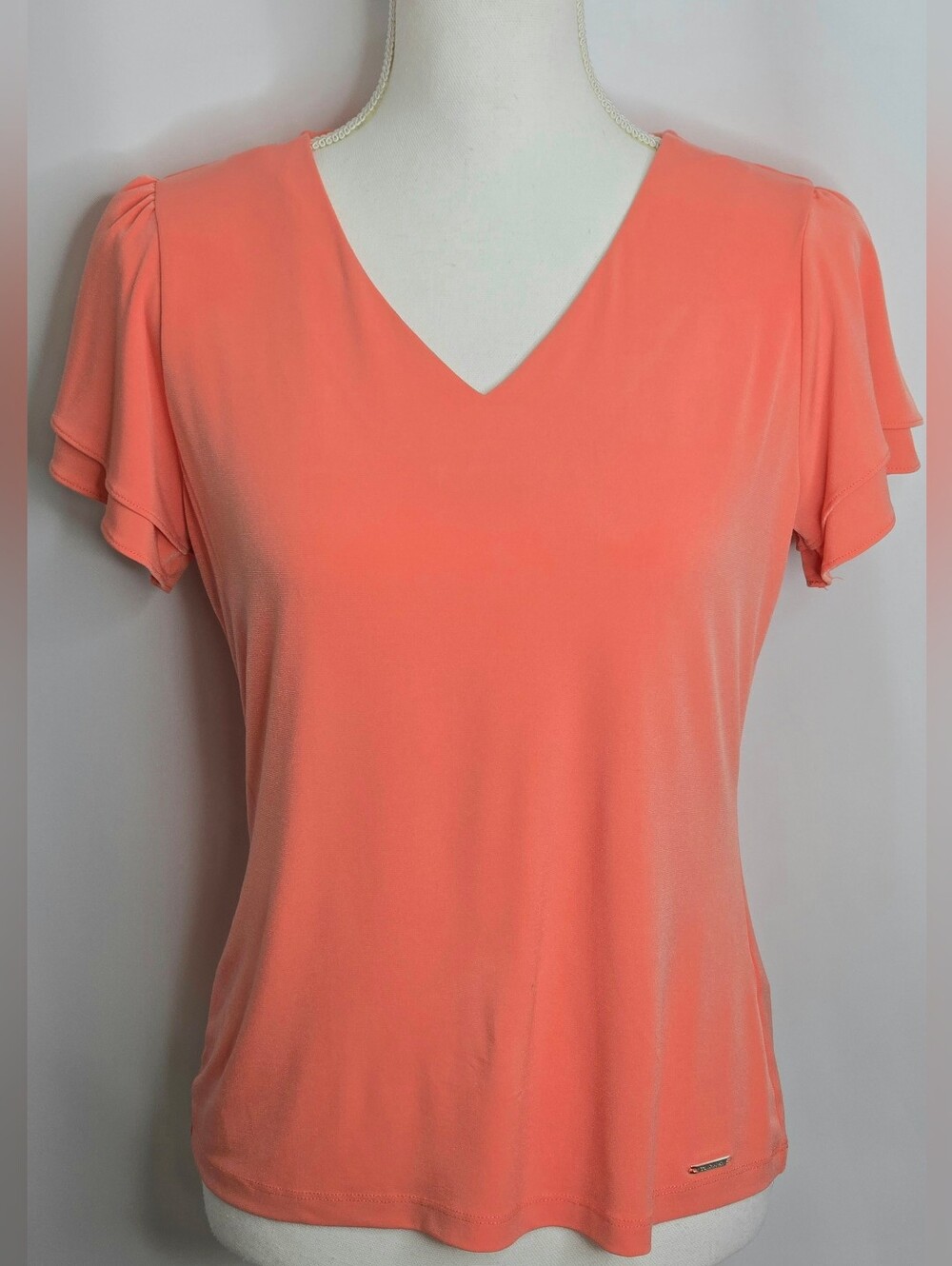 Calvin Klein Coral V Neck Layered Flutter Sleeve Stretch Blouse NWOT PM